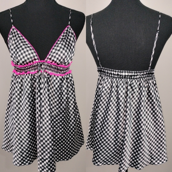 NWT Victoria's Secret Black & White Gingham w/ Pink Trim Babydoll Negligee Sz. M - Picture 1 of 12